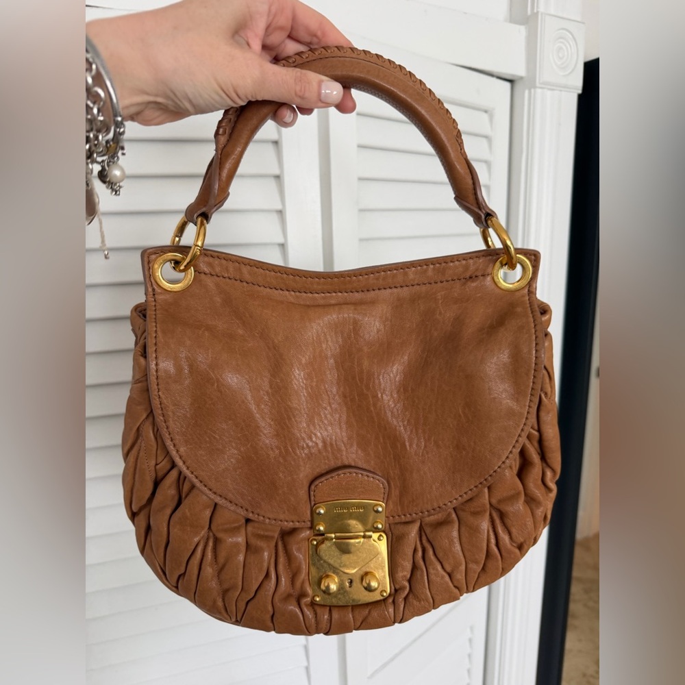 Miu Miu Brown Coffer 2 Way Leather Satchel Beige